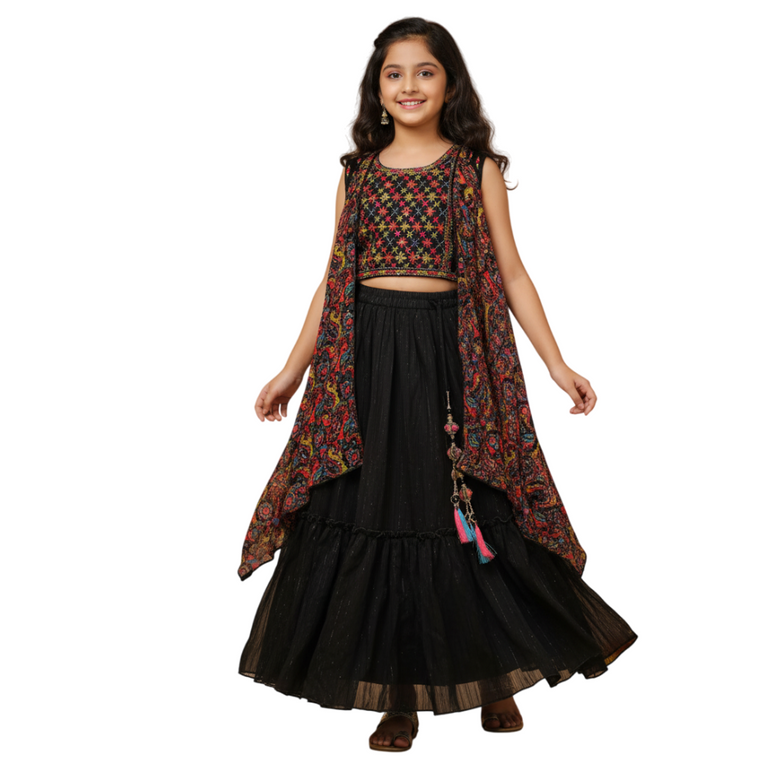NINOS Girls Black Multi-Color Embroidered Lehenga, Crop Top & Shrug Set – Festive & Party Wear
