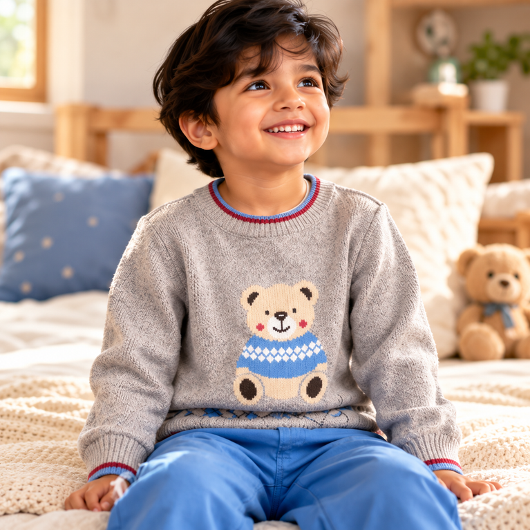 Grey Teddy Bear Sweater & Blue Pants Set for Boys | Cute Winter Kids Outfit