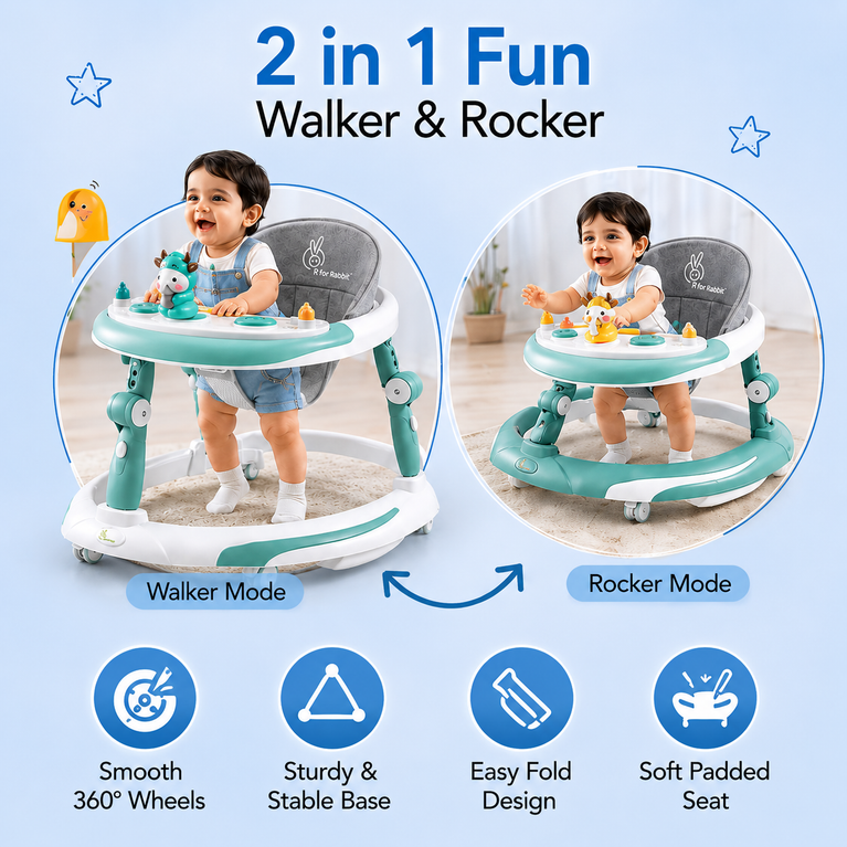 Premium 2-in-1 Baby Walker & Rocker with Music Tray, Adjustable Height & Interactive Play Panel