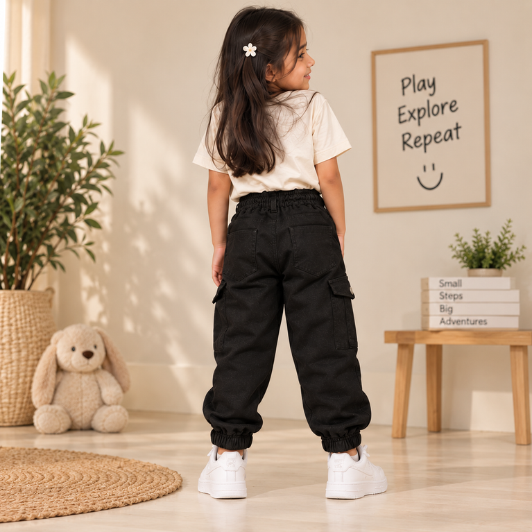 Black Cargo Jogger Pants for Girls with Utility Pockets| 9-10 years