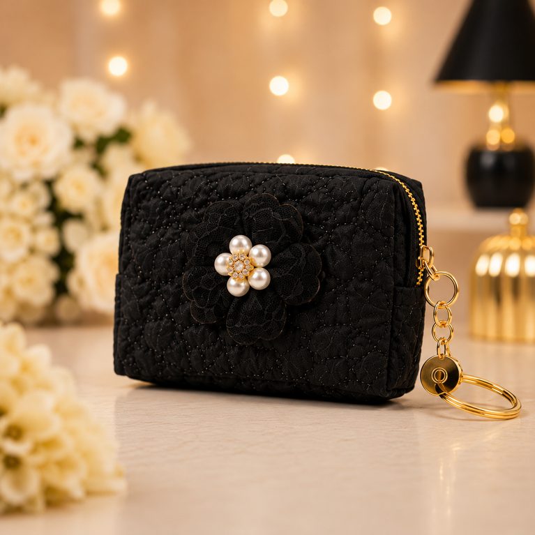 Floral Quilted Coin Purse Girls | Mini Zipper Wallet with Pearl Flower Charm, Keychain Ring | Cute Cash, Coin & Earbuds Pouch (Multi-Color)