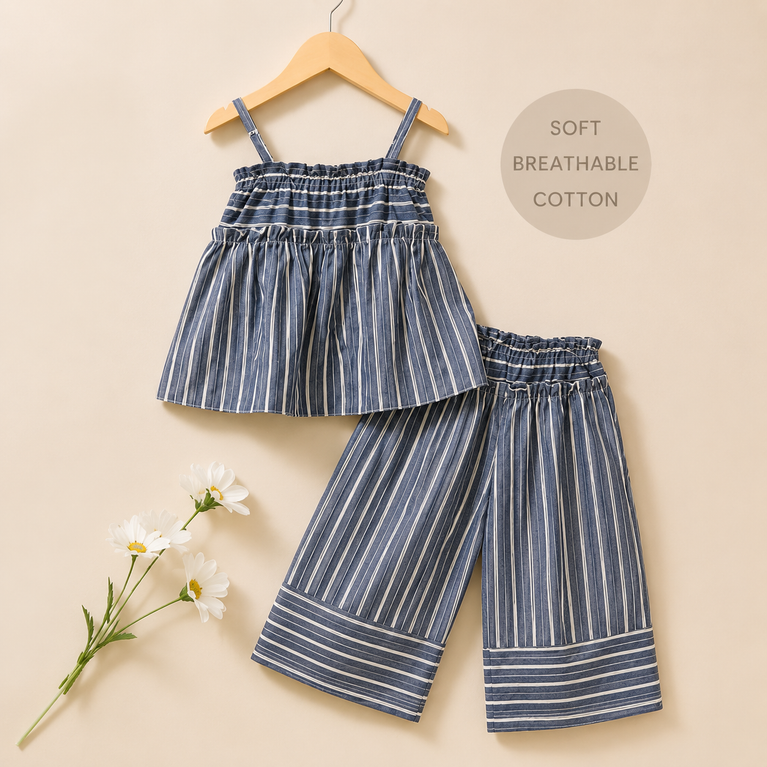 Girls Blue Striped Smocked Cami Top & Wide-Leg Palazzo Pants Co-Ord Set