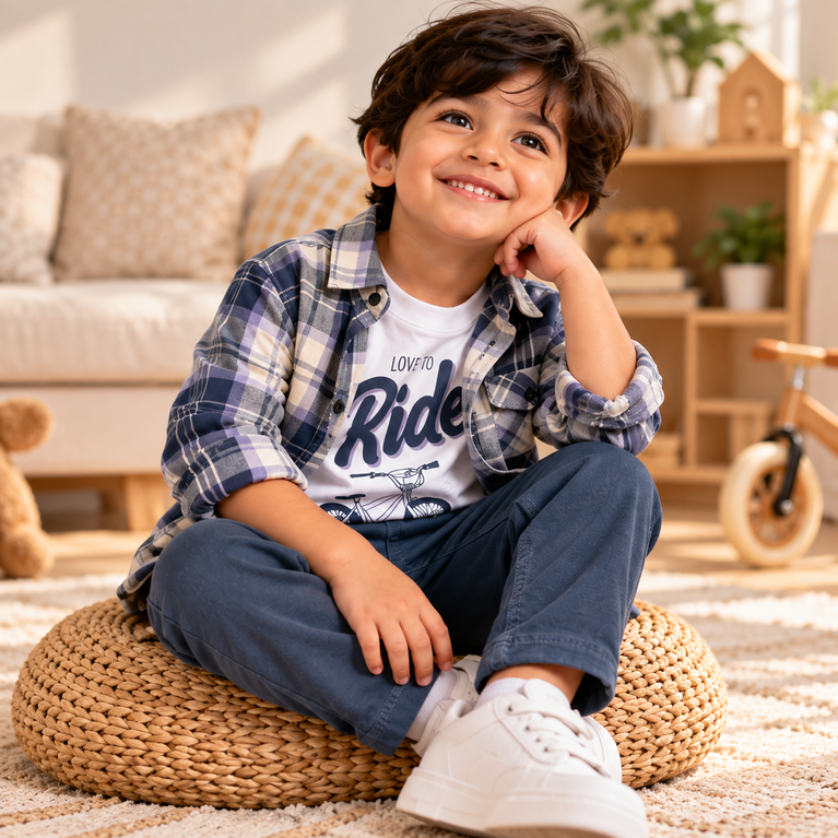 Navy Blue Plaid Shirt, Graphic T-Shirt & Jogger Pants Set for Boys | Kids Casual Outfit