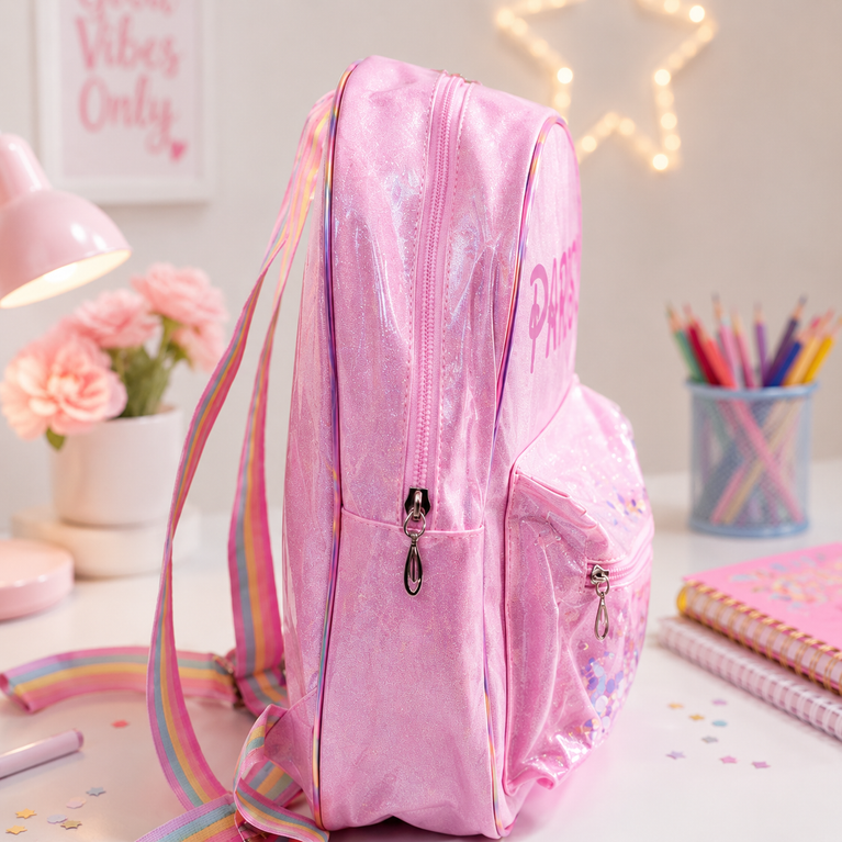 Girls Glitter Transparent Backpack with Sequin Pocket &amp; Rainbow Adjustable Straps