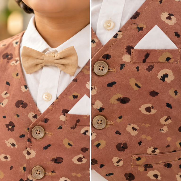 Printed Waistcoat, White Shirt & Beige Pants Set for Boys | Kids Party Outfit