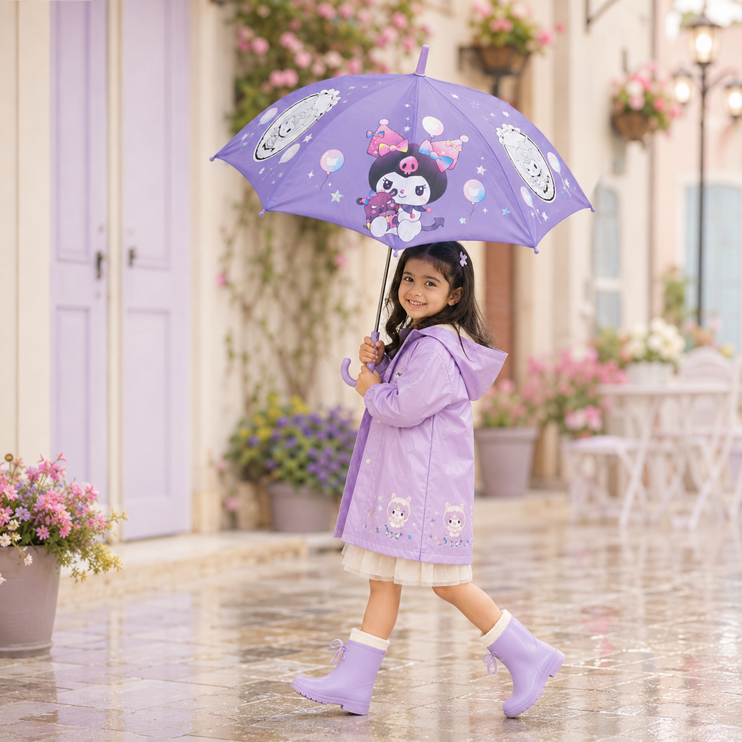 Kids Purple Cartoon Print Umbrella | Cute Lightweight Rain Umbrella with Curved Handle