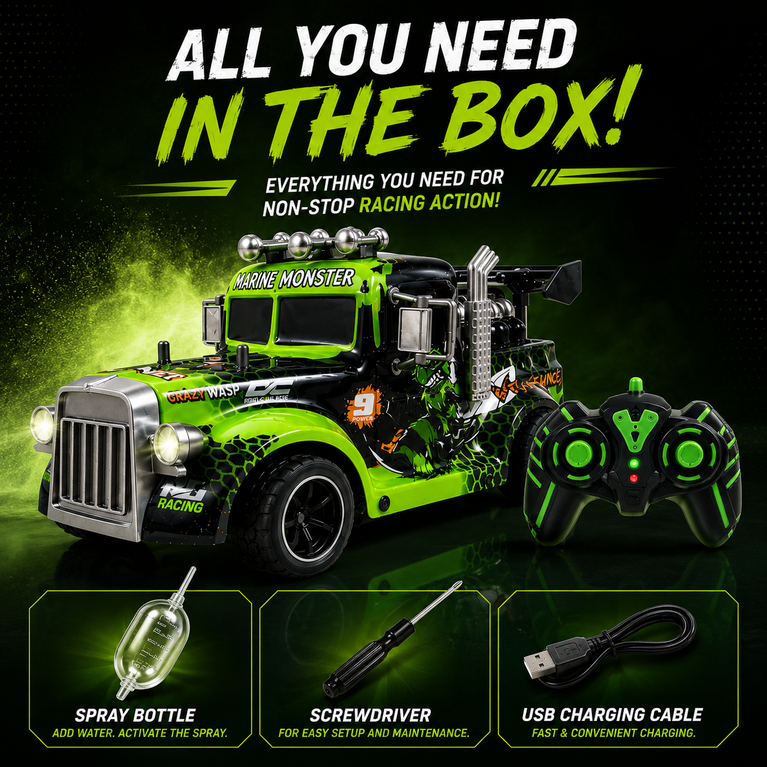 Hornet RC Spray Light Truck with 2.4GHz Remote Control, LED Lights &amp; Mist Spray – Rechargeable Racing Toy for Kids