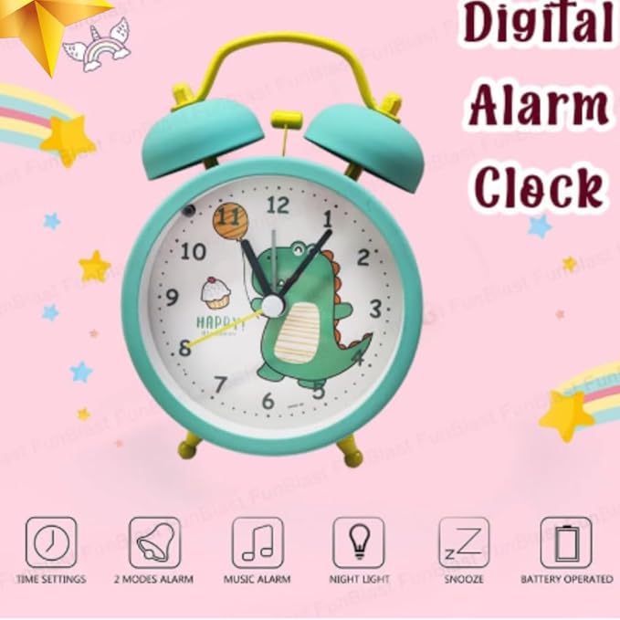 nino's Dinosaur Theme Analog Alarm Clock, Twin Bell Design, Table Clock for Kids & Students- Turquoise