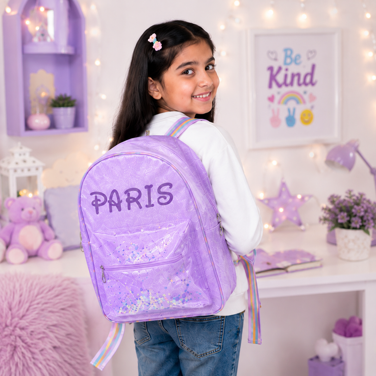 Girls Glitter Transparent Backpack with Sequin Pocket &amp; Rainbow Adjustable Straps
