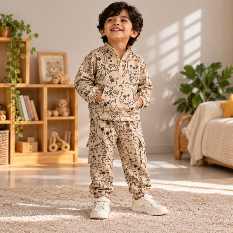 Teddy Bear Printed Co-Ord Set | Full-Sleeve Jacket & Cargo Pants
