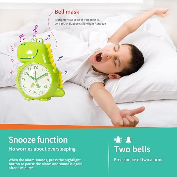 nino's Dinosaur Alarm Clock for Kids, Non-Ticking Analog Battery Operated Dino Gifts for Toddler Boys Adult Bedroom Decor(Green Dinosaur)