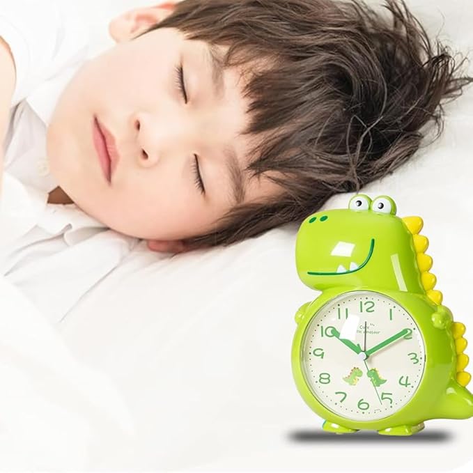 nino's Dinosaur Alarm Clock for Kids, Non-Ticking Analog Battery Operated Dino Gifts for Toddler Boys Adult Bedroom Decor(Green Dinosaur)