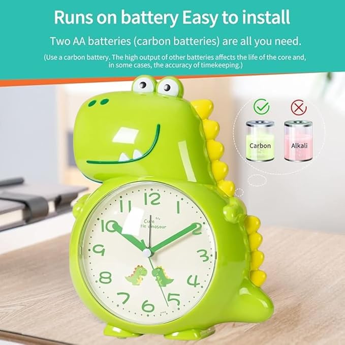nino's Dinosaur Alarm Clock for Kids, Non-Ticking Analog Battery Operated Dino Gifts for Toddler Boys Adult Bedroom Decor(Green Dinosaur)