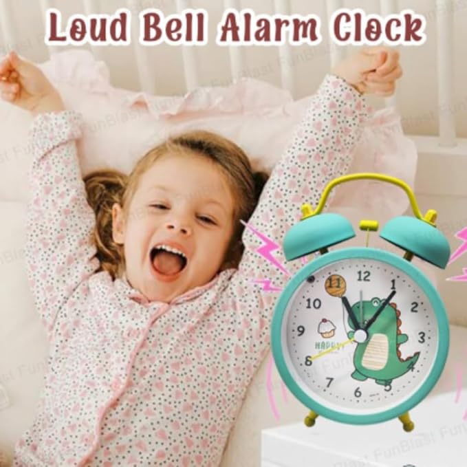 nino's Dinosaur Theme Analog Alarm Clock, Twin Bell Design, Table Clock for Kids & Students- Turquoise