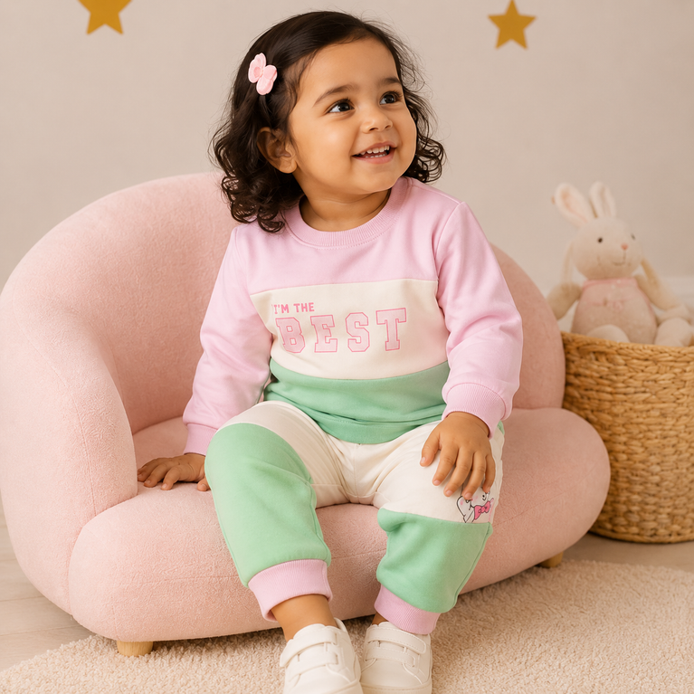 ToffyHouse 100% Cotton Knit Full Sleeves Text & Bunny Printed T-Shirt & Lounge Pants Set - Pink & Mint