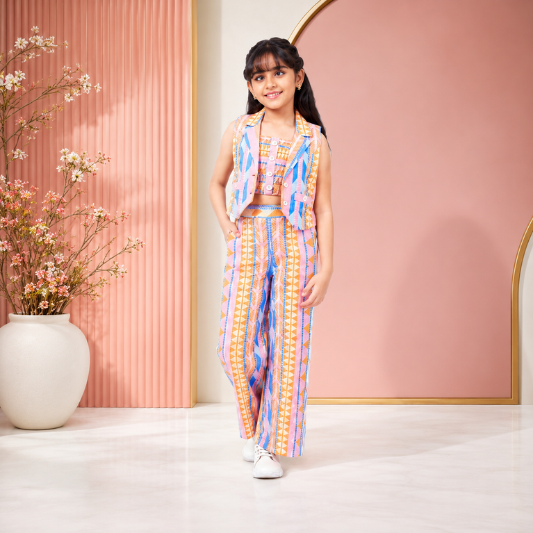 Pastel Geometric Crop Top, Vest Jacket & Wide-Leg Palazzo Pants Co-Ord Set
