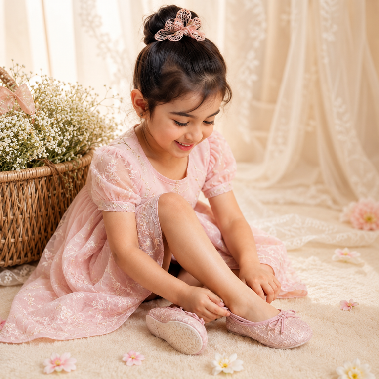 Girls' Blush Pink Lace Ballet Flats with Bow | Lightweight Party &amp; Casual Shoes
