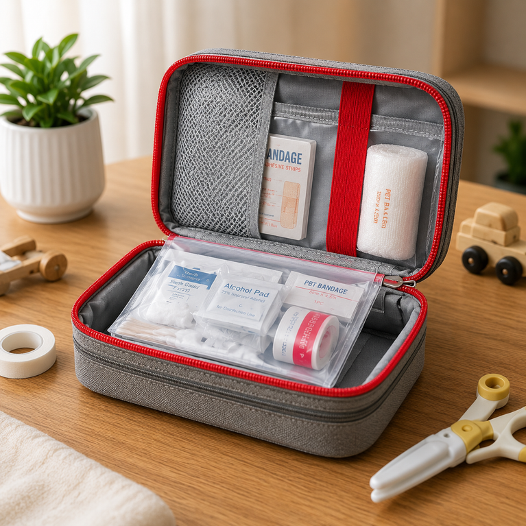 Portable First Aid Kit Empty Storage Bag | Waterproof Medical Organizer Case with Multiple Compartments | Travel, Home, Car &amp; Office Emergency Medicine Pouch (Grey/Blue)