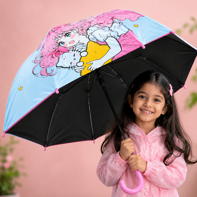 Kids Cartoon Print Umbrella with Pink Handle | Cute Rain Umbrella