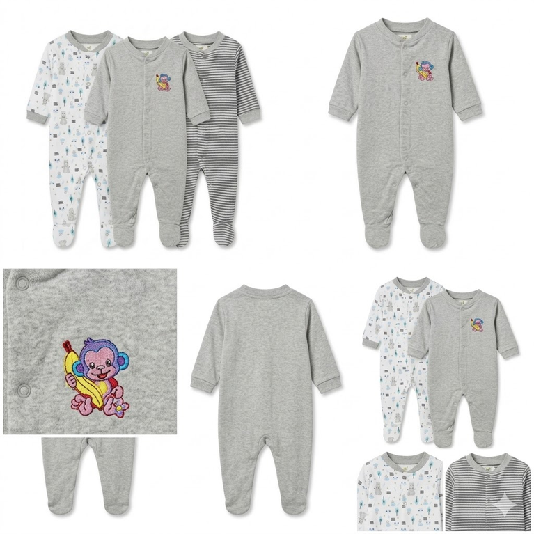 Ninos Worlds Interlock Knit Full Sleeves Footed Sleep Suits With Print & Patch Pack of 3 - Multicolor