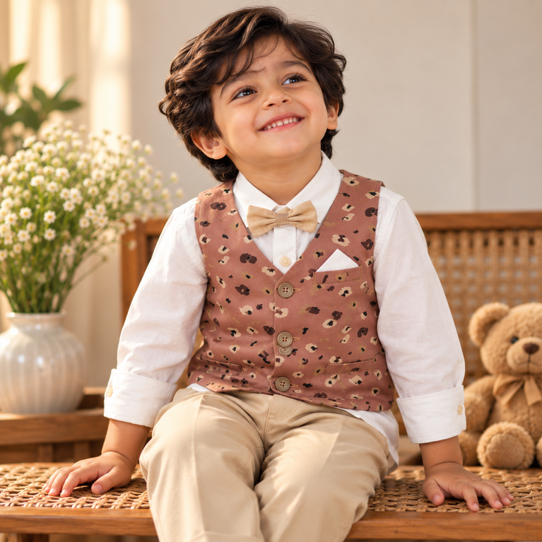 Printed Waistcoat, White Shirt & Beige Pants Set for Boys | Kids Party Outfit