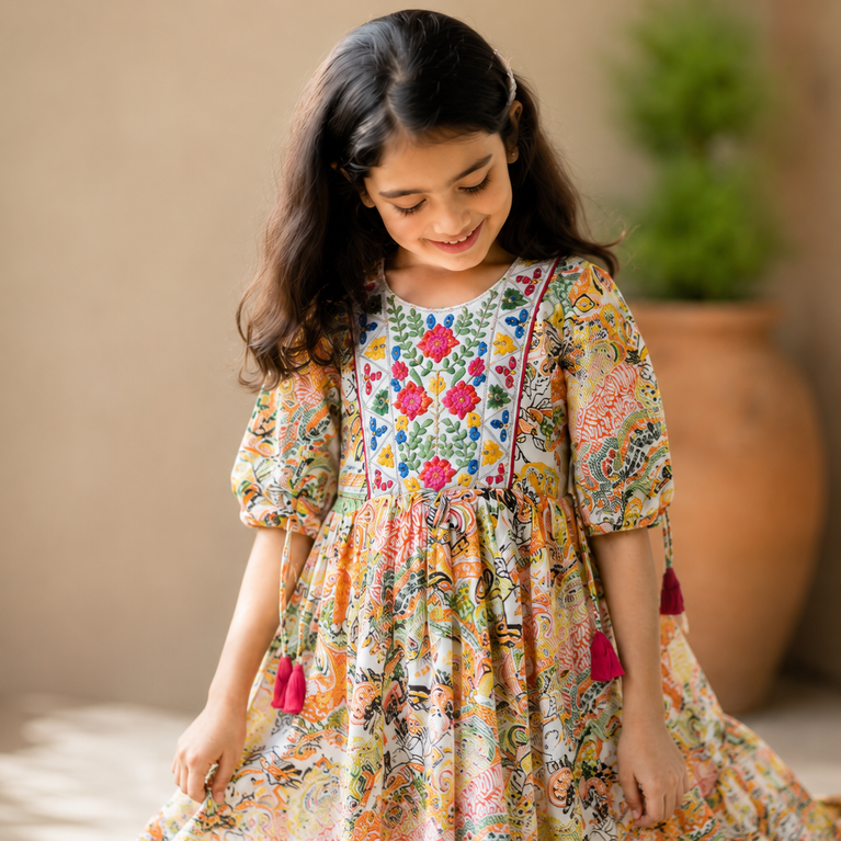 Floral Embroidered Printed Ethnic Maxi Dress with Tassel Sleeves | Festive &amp; Party Wear