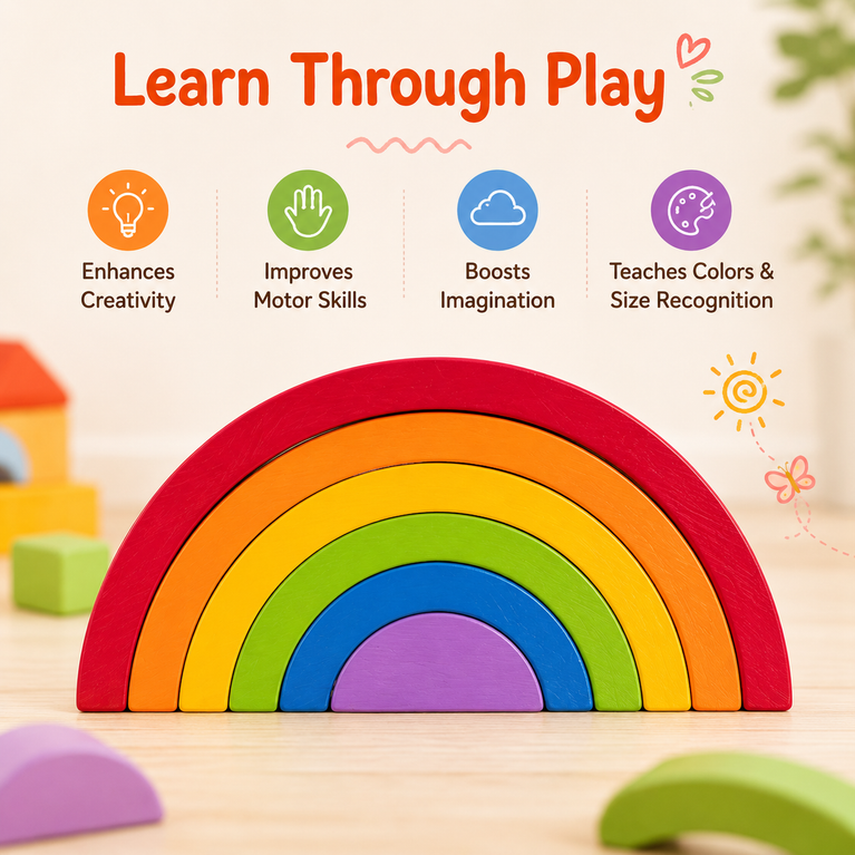 Montessori Wooden Rainbow Stacker Toy for Kids | Colorful Balancing & Open-Ended Learning Blocks