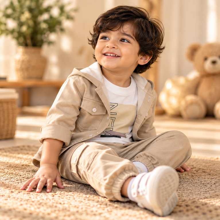 Beige Kids Cargo Jacket & Jogger Set | Stylish Casual Outfit for Boys