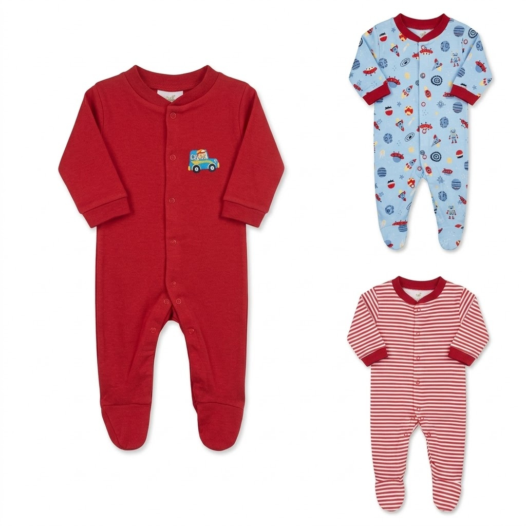Ninos Worlds Interlock Knit Full Sleeves Footed Sleep Suits With Print & Patch Pack of 3 - Multicolor