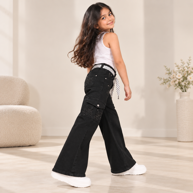 Black Cargo Jeans for Girls with Stud Details & Belt| 6-7 years
