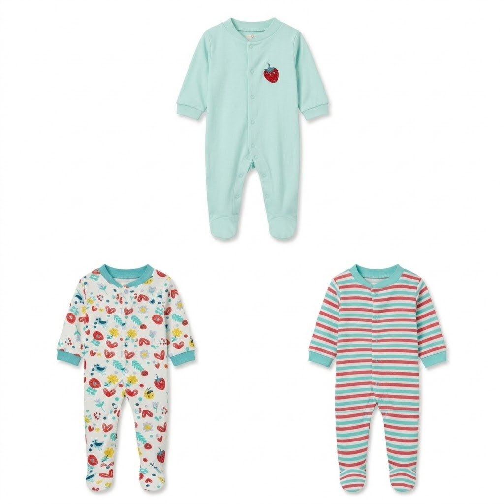 Ninos Worlds Interlock Knit Full Sleeves Footed Sleep Suits With Print & Patch Pack of 3 - Multicolor