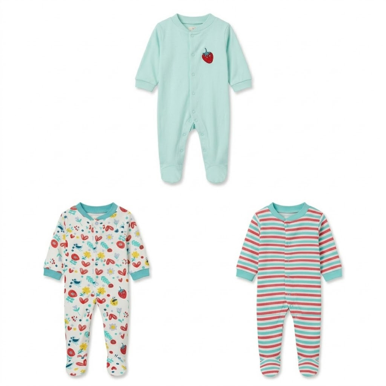 Ninos Worlds Interlock Knit Full Sleeves Footed Sleep Suits With Print & Patch Pack of 3 - Multicolor