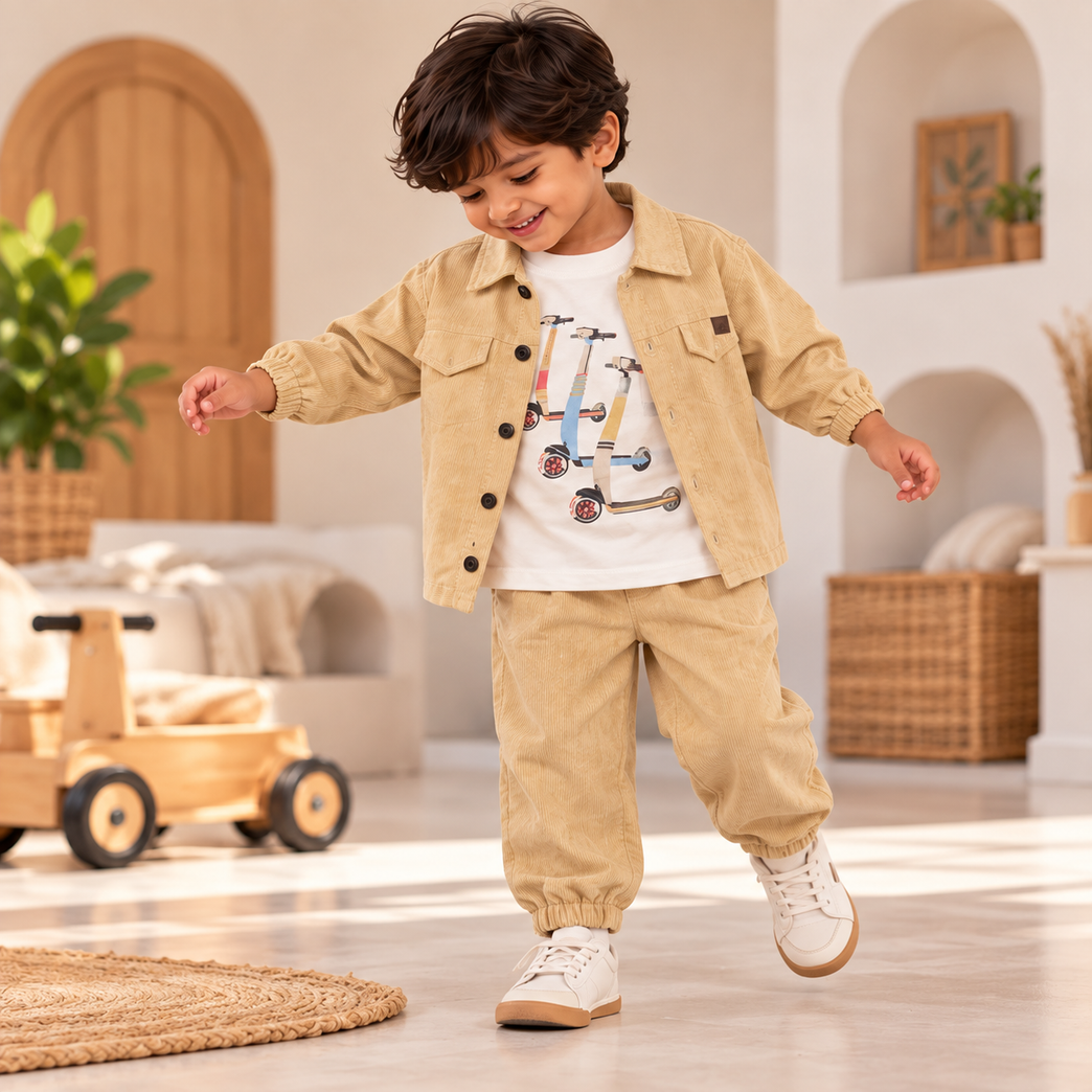 Beige Corduroy Jacket, Graphic T-Shirt & Jogger Set for Boys | Stylish Kids Outfit