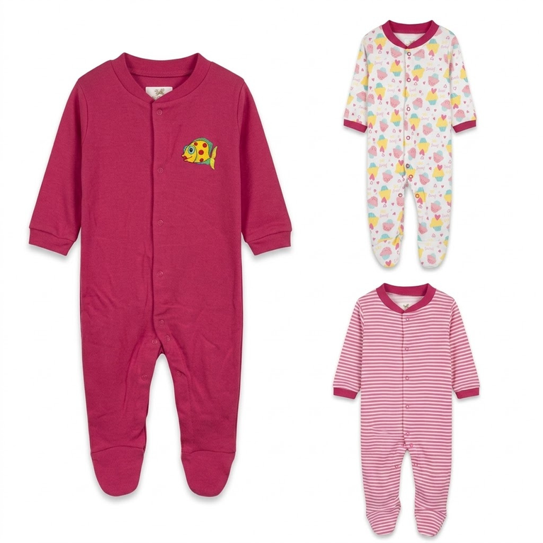 Ninos Worlds Interlock Knit Full Sleeves Footed Sleep Suits With Print & Patch Pack of 3 - Multicolor