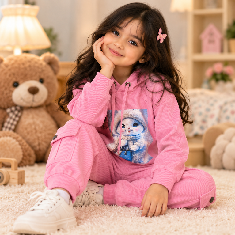 Pink Cat Print Hoodie & Cargo Pants Co-Ord Set | Kids Winter Outfit