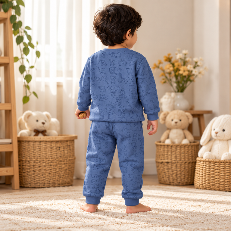 Blue Animal Print Sweatshirt & Jogger Set for Kids | Cute & Comfortable Winter Outfit | 12-18 Months