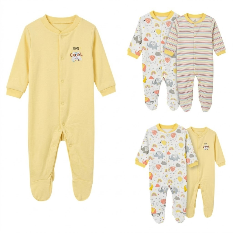 Ninos Worlds Interlock Knit Full Sleeves Footed Sleep Suits With Print & Patch Pack of 3 - Multicolor