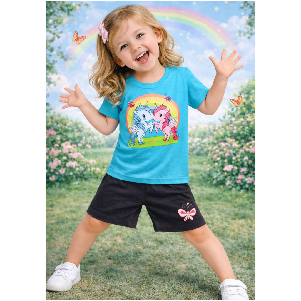 Ninos 100% Cotton Knit Half Sleeves "Unicorn Paired" Printed Coordinating Tee & Shorts Set for Girls