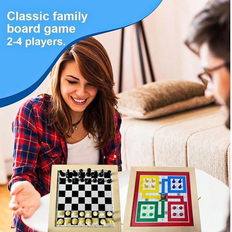 Awals 2-in-1 Wooden Ludo & Snakes & Ladders Board Game | Premium Reversible Family Game Set for Kids & Adults