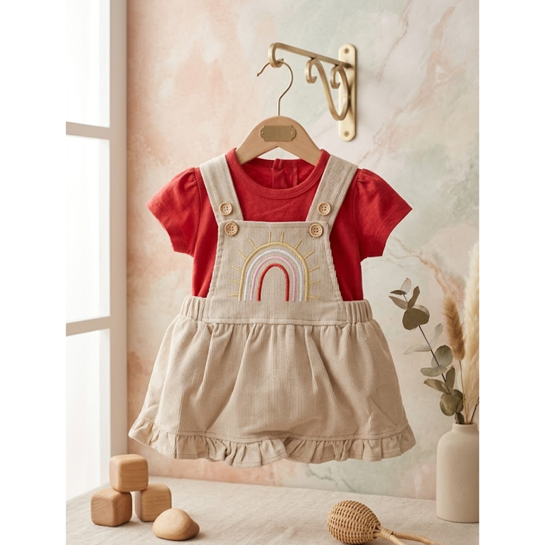 Kids Summer Top Skirt Set with Rainbow Print Dungaree Dress