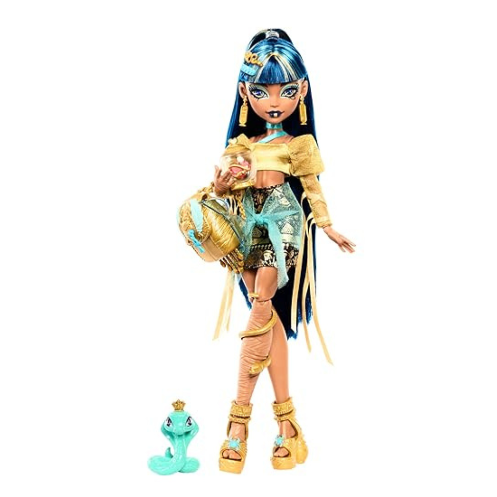 Monster High Cleo De Nile Doll in Golden Blouse and Layered Skirt, Includes Pet Cobra Hissette and Accessories Like a Backpack, Snack and Scroll