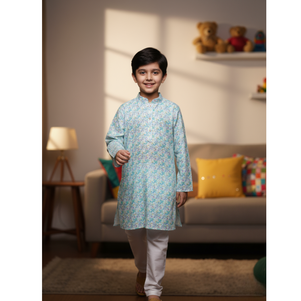 NINOS Boys Light Aqua Blue Abstract Print Kurta Pajama Set with Sequins – Festive & Casual Ethnic Wear