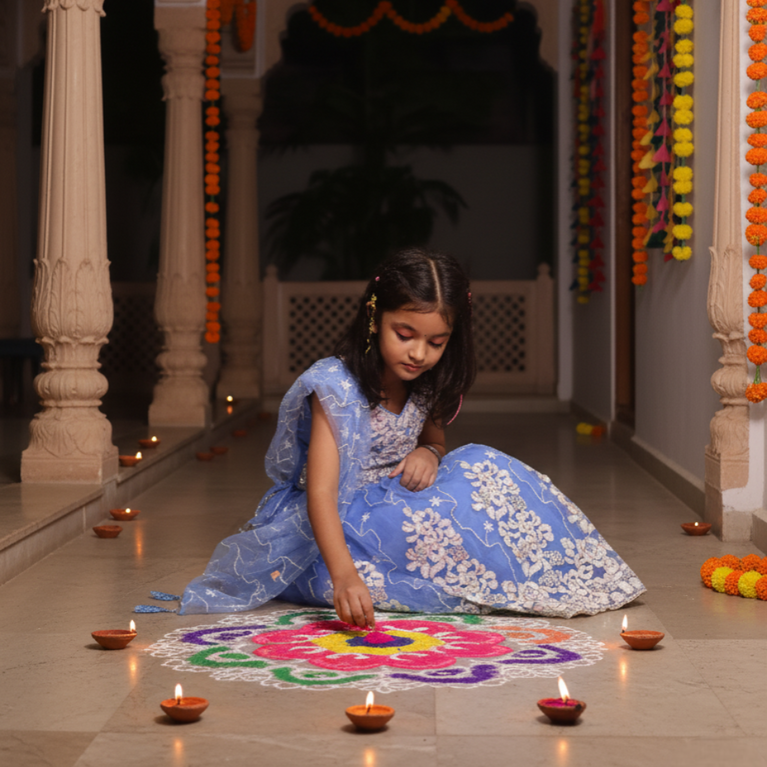 Ninos Girls Sky Blue Embroidered Lehenga Choli Set with Dupatta