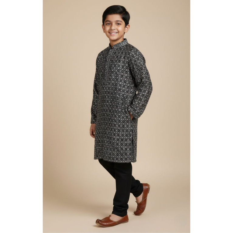 Ninos Kids Wooven Full Sleeve Kurta Pajama Set With Embroidery Boys Ethnic Wear Traditional Festive Outfit