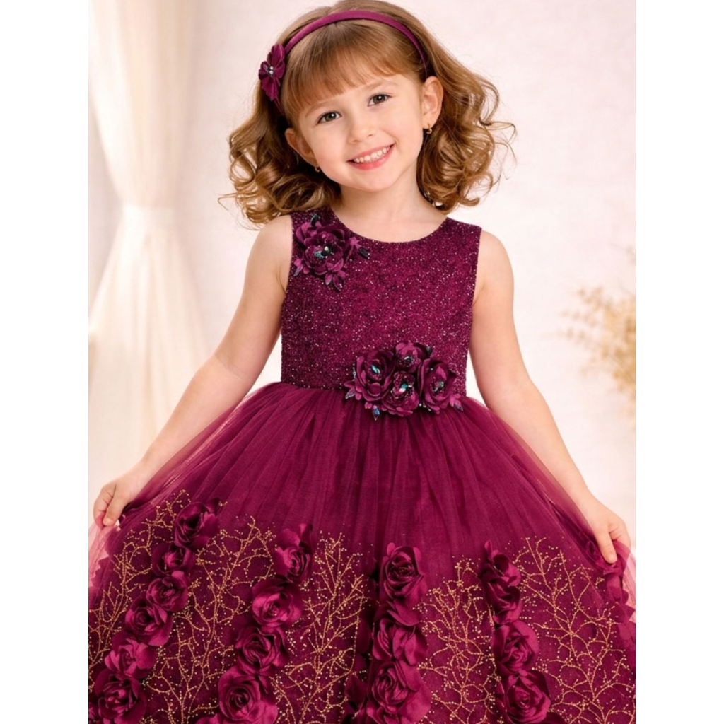 Elegant Floral Embellished Party Wear Gown for Girls with Glitter Tulle Skirt