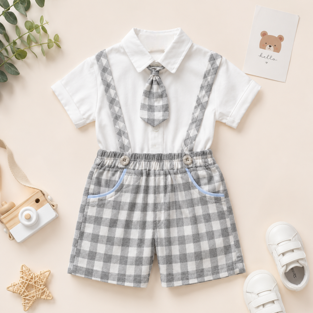 Kids Summer Formal Checks Shirt Shorts Set with Tie