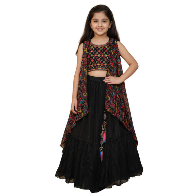 NINOS Girls Black Multi-Color Embroidered Lehenga, Crop Top & Shrug Set – Festive & Party Wear