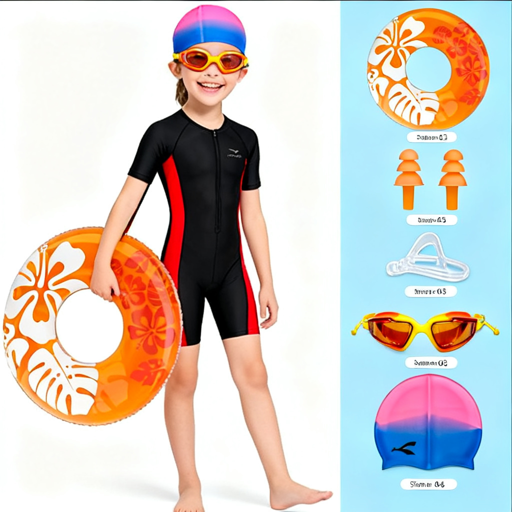 Kids Swimming Goggles Set with Swim Costume Cap Earplugs & Float Ring Complete Pool Kit