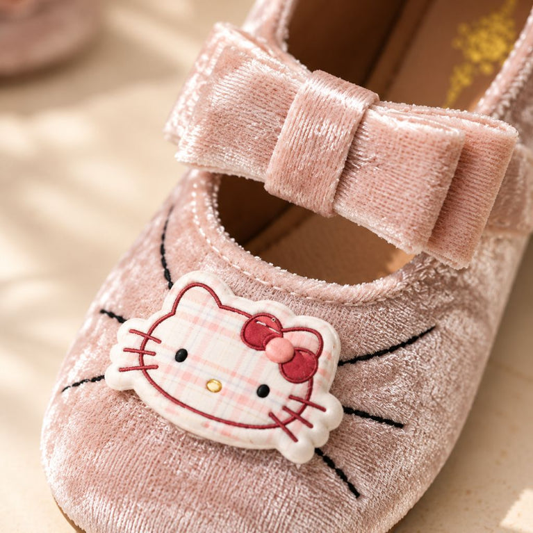 Girls' Velvet Ballerina Shoes with Bow, Cute Cartoon Embellishment and Adjustable Strap, Mary Jane Style
