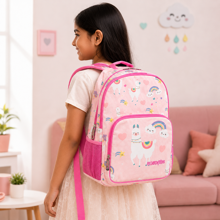 SCOOBIES Llama &amp; Rainbow Print Kids School Backpack with Padded Straps &amp; Side Mesh Pockets | Pink